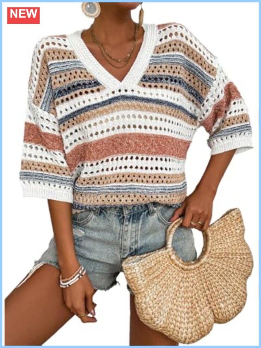 Crochet Short Sleeve Sweater V-Neck Striped Knit Women's Summer Top
